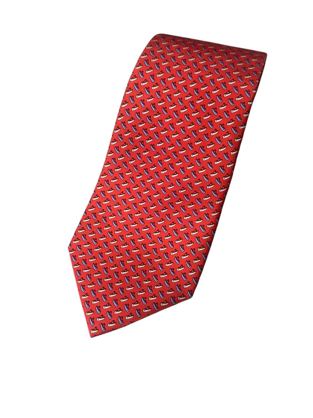 Salvatore Ferragamo 100% Silk Necktie Italy Boats Red Multi